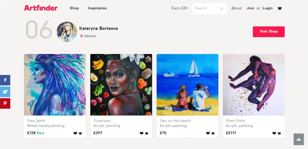 The arts shown on Artfinder website.