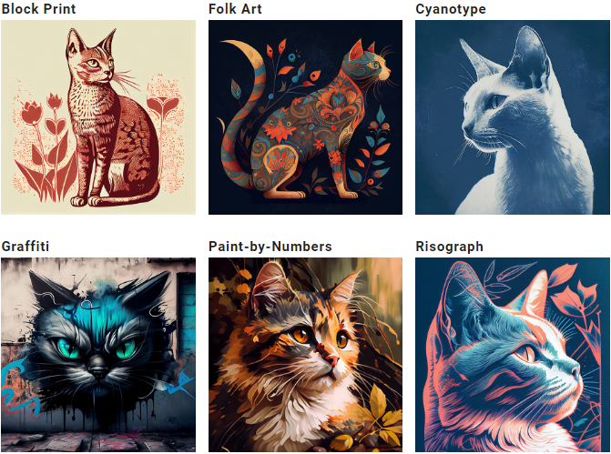 Midjourney Prompts Mastery - Images showing a cat with specific medium/ artistic style selected.