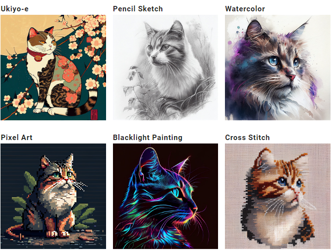 Midjourney Prompts - Group of cats with different medium selected.