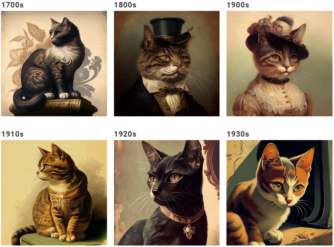 Midjourney Prompts - Cats group of photos with different style due to change in time.