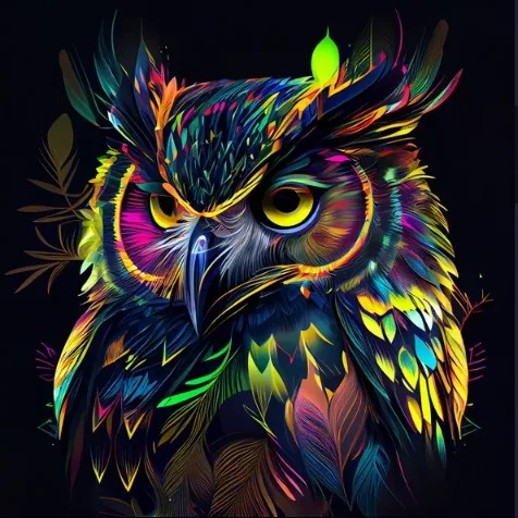 Prompt: t-shirt design, colorful owl with yellow eyes on a black background, an airbrush painting by Android Jones, featured on dribble, generative art, black background, detailed painting, vivid colors 