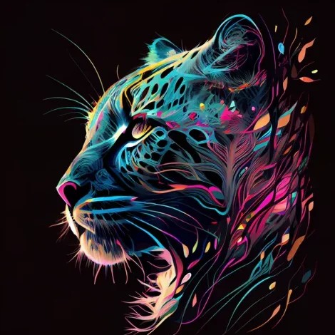 Prompt: t-shirt design, painting of a leopard's face with colorful lines, an airbrush painting by Petros Afshar, cgsociety, computer art, colorful, detailed painting, 3d 