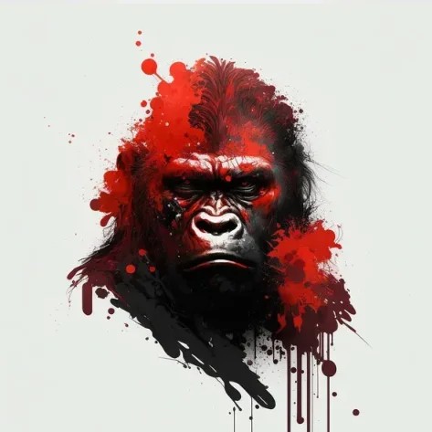 Prompt: t-shirt design, gorilla with red paint splatters on its face, poster art by Alex Petruk APe, featured on cgsociety, shock art, 2d game art, artwork, poster art