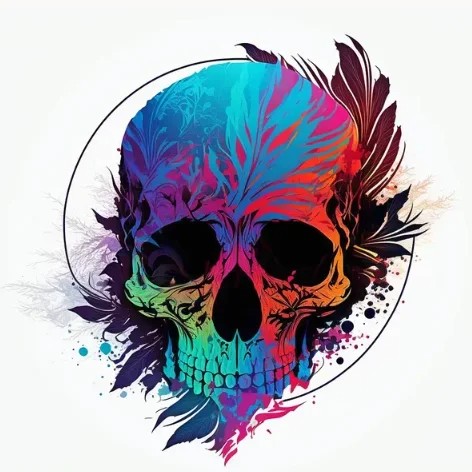 Prompt: t-shirt design, colorful skull with feathers on it's head, digital art by Petros Afshar, behance, psychedelic art, psychedelic, behance hd, vivid colors