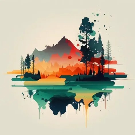 Prompt: t-shirt design, painting of a mountain with trees and water, a detailed painting by Petros Afshar, shutterstock contest winner, environmental art, detailed painting, outlined art, 2d game art