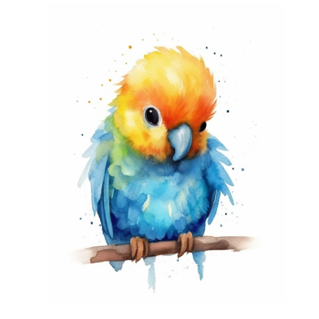 t-shirt design, isolated minimalistic watercolor illustration of cute baby parrot on a white background, disney style, simple, very minimal, hand painted, pattern, texture, pastel colors, very sharp