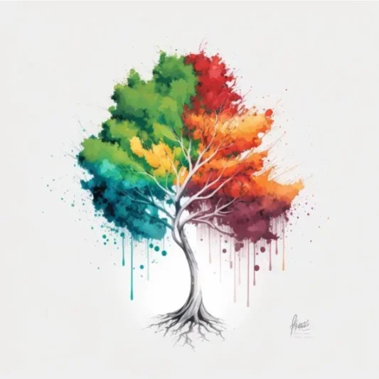 a colorful tree with a white background, a minimalist painting by Petros Afshar, pexels, aestheticism, colorful, art, artwork
