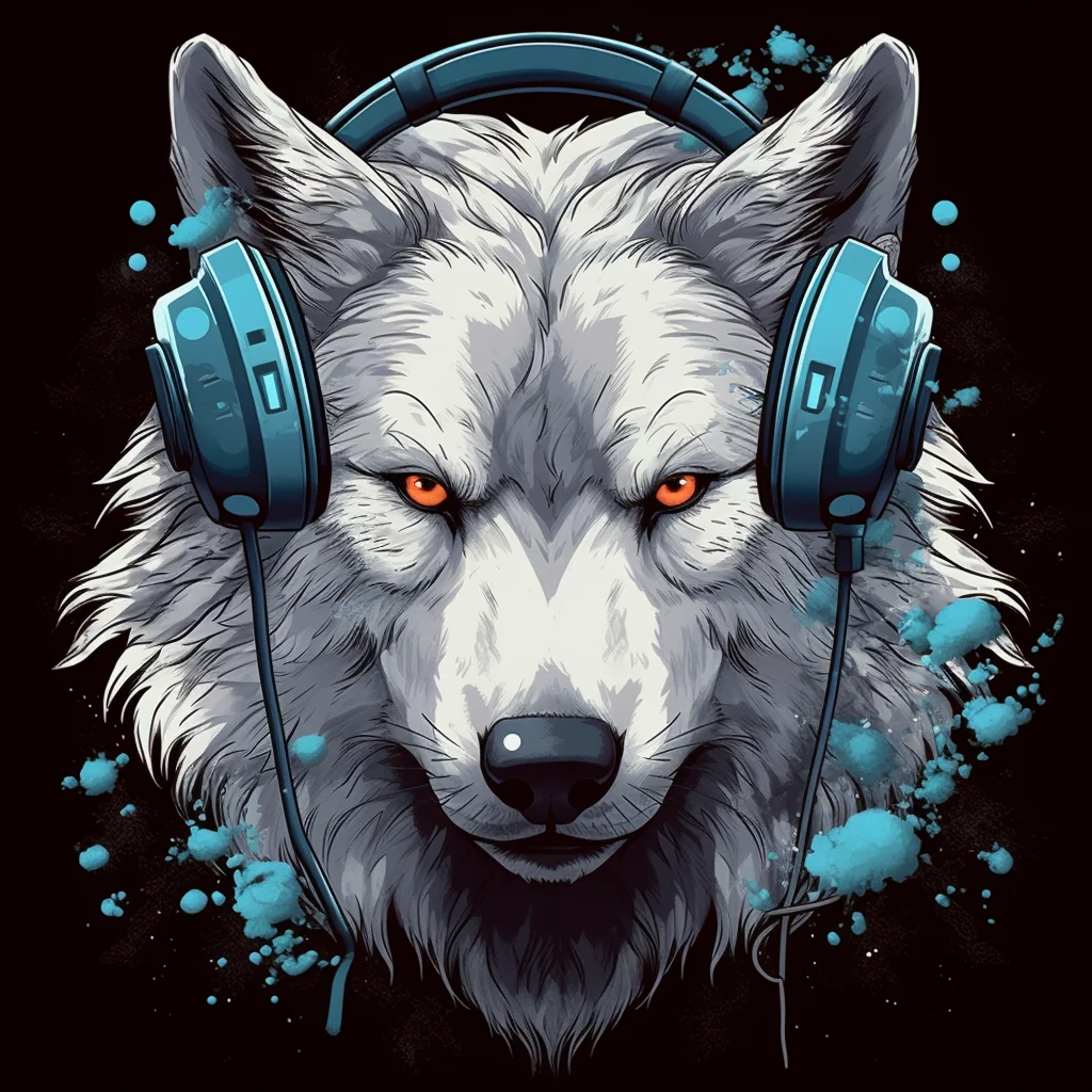 t-shirt design, wolf with headphones on his ears, digital art by Jan Tengnagel, shutterstock contest winner, furry art, artwork, angular, art