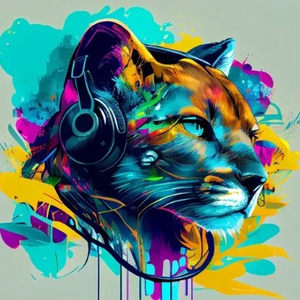 Prompt: t-shirt design, painting of a cat with headphones on, graffiti art by Jan Tengnagel, cgsociety, funk art, artwork, colorful, art