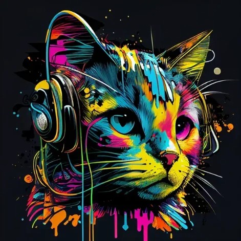 Prompt: t-shirt design, colorful cat with headphones on, graffiti art by Louis Wain, shutterstock contest winner, psychedelic art, black background, synthwave, colorful 