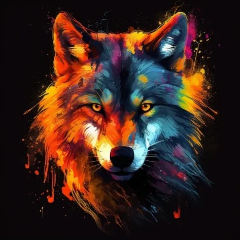 Prompt: t-shirt design, painting of a wolf on a black background by artist, Artstation, furry art, artwork, angular, UHD image 