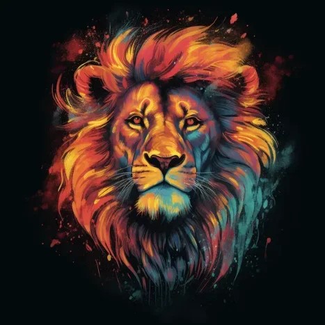 Prompt: t-shirt design, lion's head with colorful paint splattered on it, an airbrush painting by Petros Afshar, featured on dribble, maximalism, majestic, masculine, quantum wavetracing