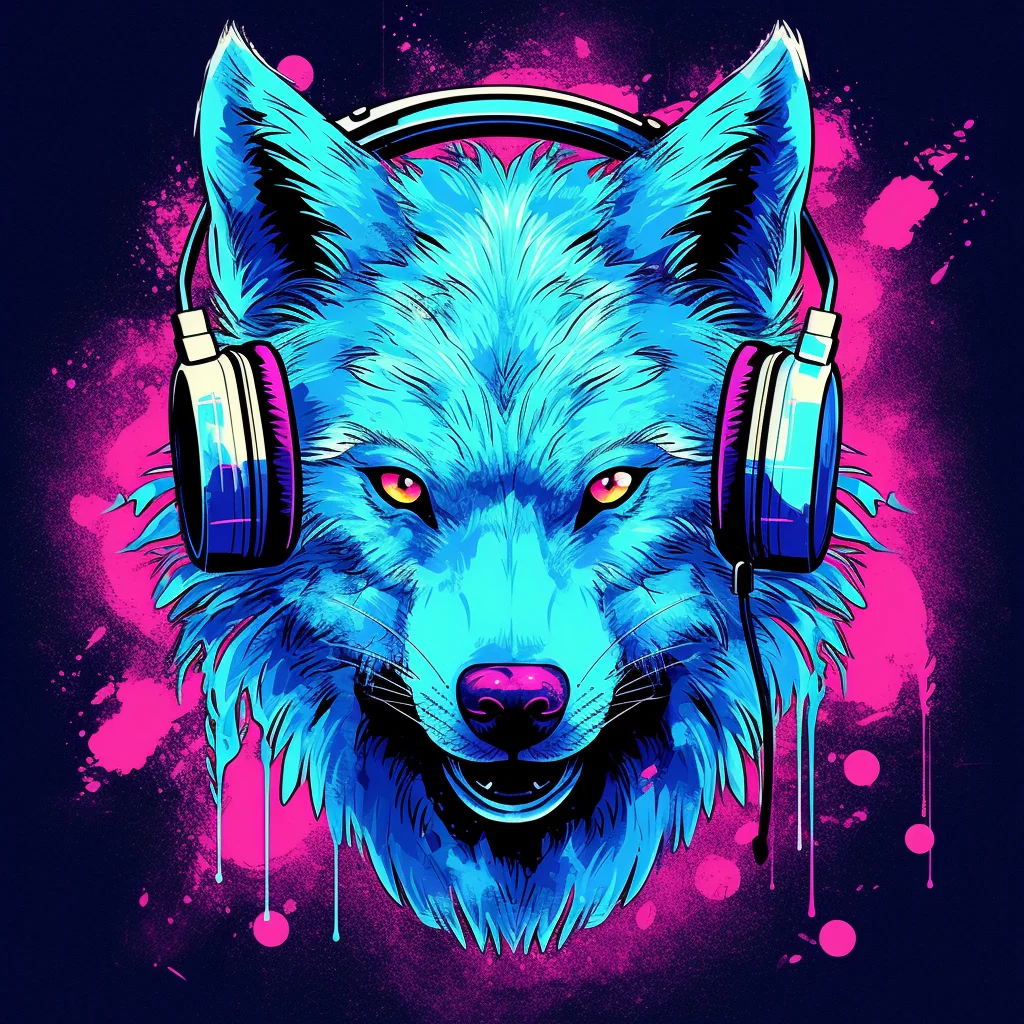 t-shirt design, wolf with headphones on his ears, digital art by Jan Tengnagel, shutterstock contest winner, furry art, artwork, angular, art