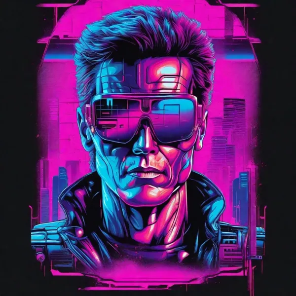 tshirt vector, terminator graphic, synthwave, vivid colors, detailed
